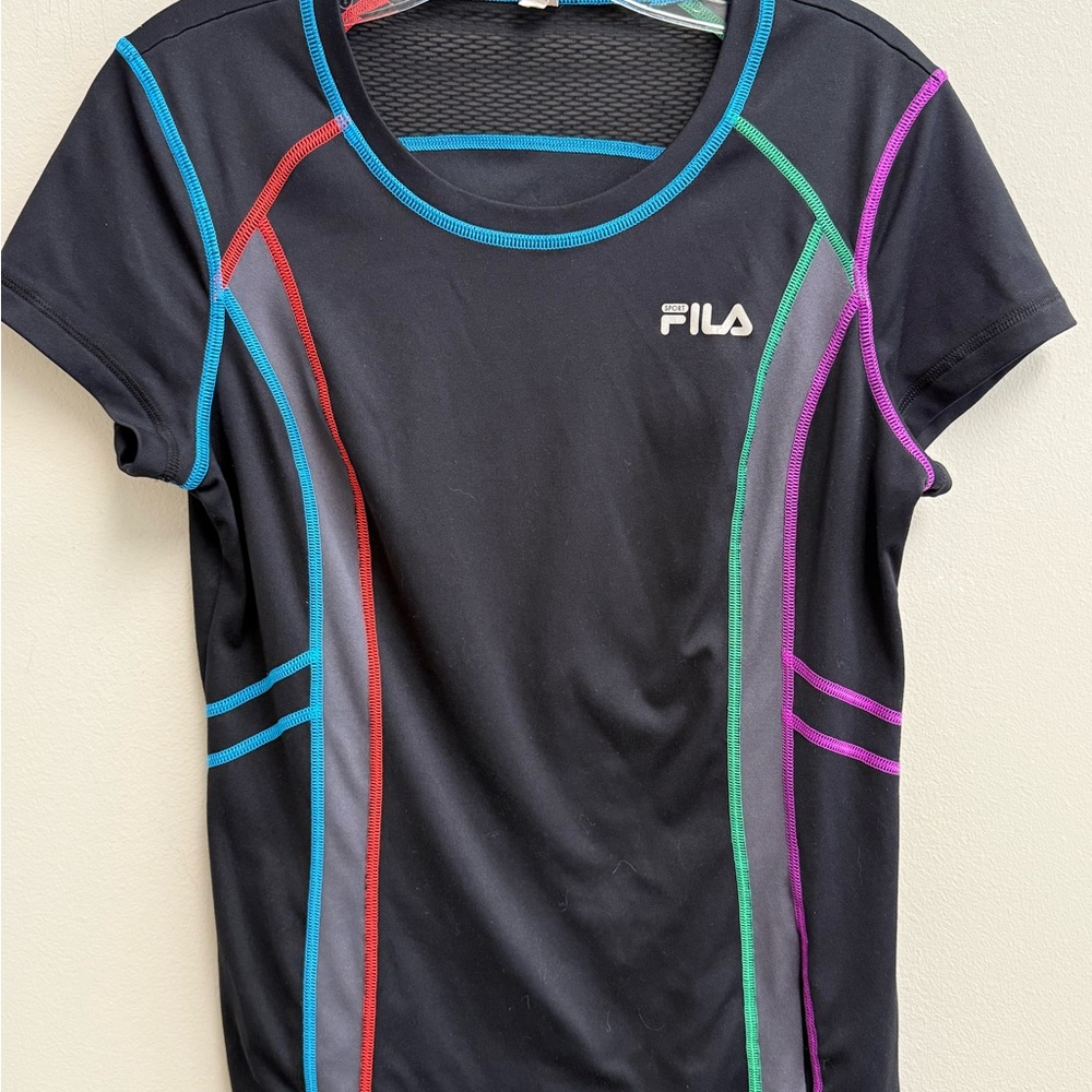 Fila Black Tee with Multicolor Accents medium running top pocket